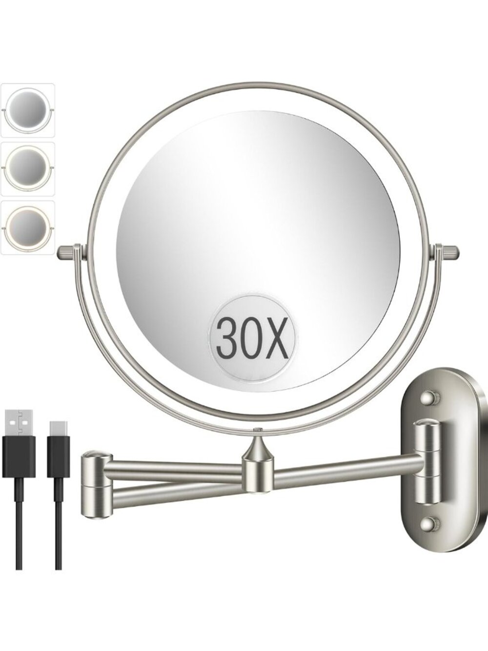 Illuminated 8" Wall-Mounted Magnifying Makeup Mirror - 30X/1X Dual Sided